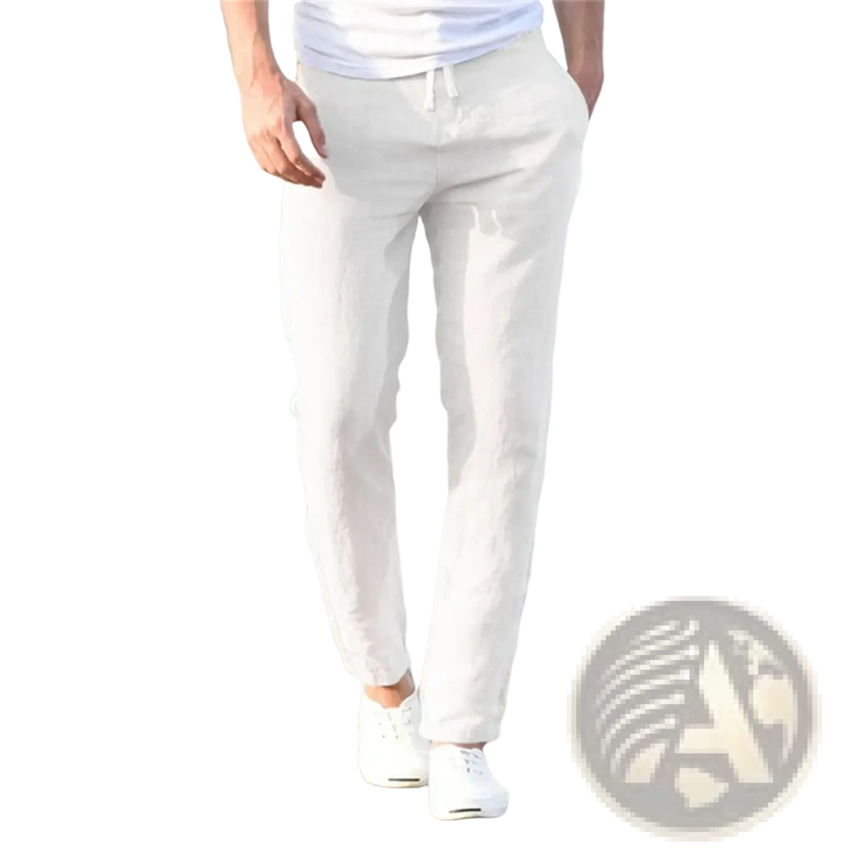 Light beige men cotton linen trousers with drawstring waist and tapered legs breathable casual pants
