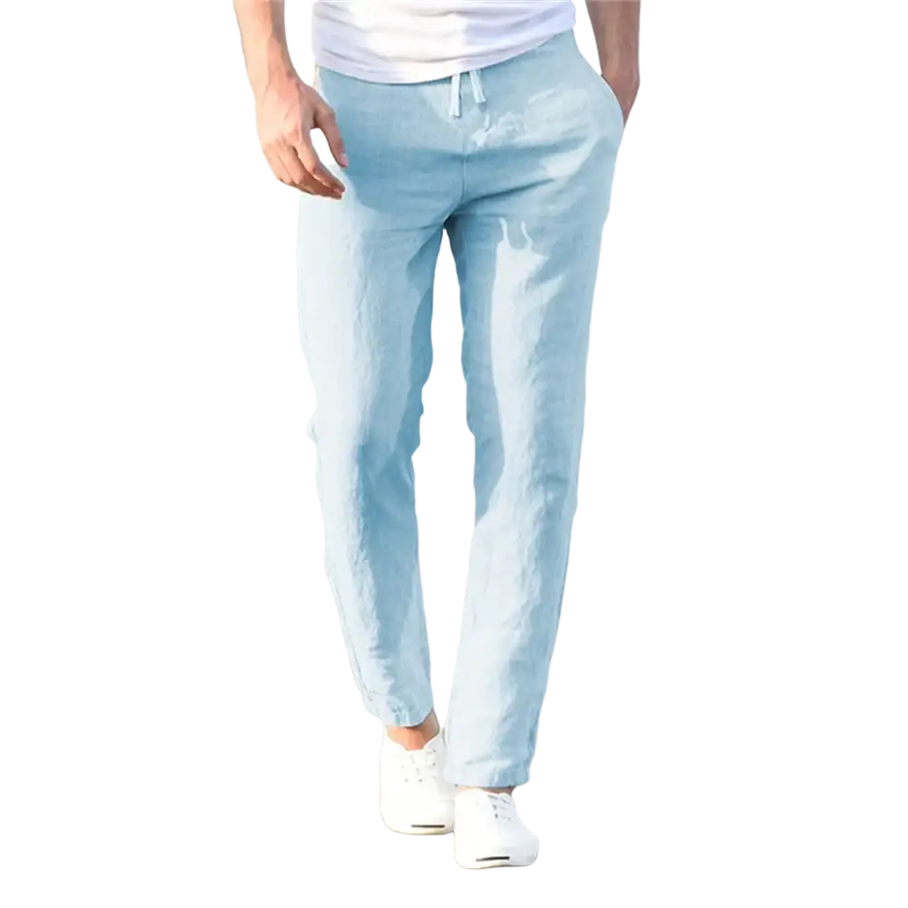 Light blue men cotton linen trousers with drawstring waist and cuffed hems breathable casual pants
