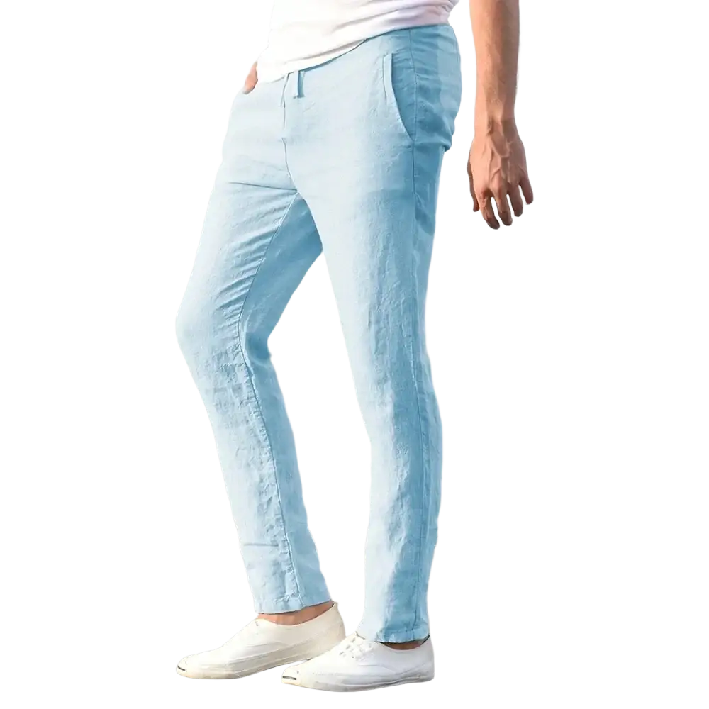 Men cotton linen trousers in light blue with a relaxed fit and subtle texture ideal for breathable casual wear