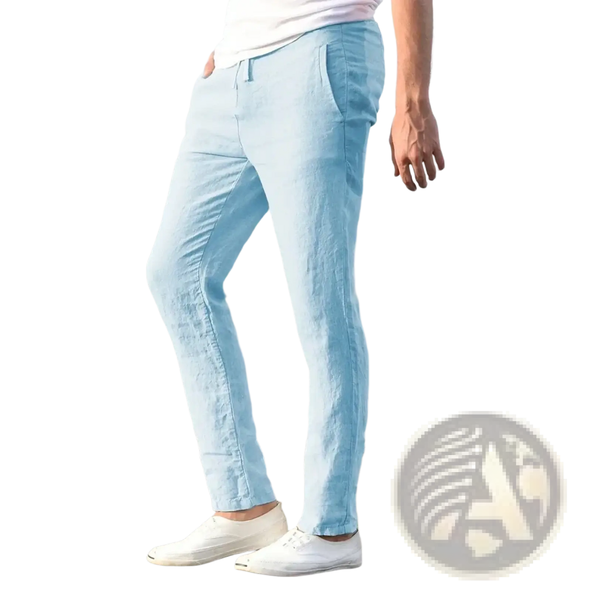 Men cotton linen trousers in light blue with a relaxed fit and subtle texture ideal for breathable casual wear