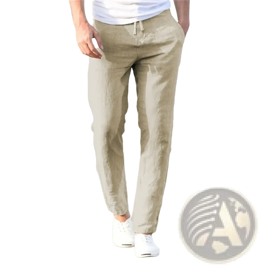 Beige cotton linen trousers with a drawstring waistband breathable casual pants for men