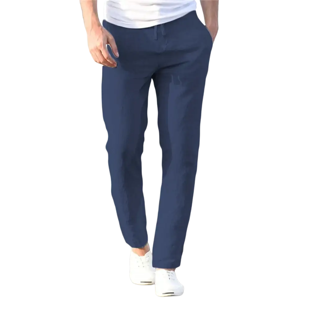 Navy blue slim-fit men cotton linen trousers breathable casual pants ideal for comfortable everyday wear