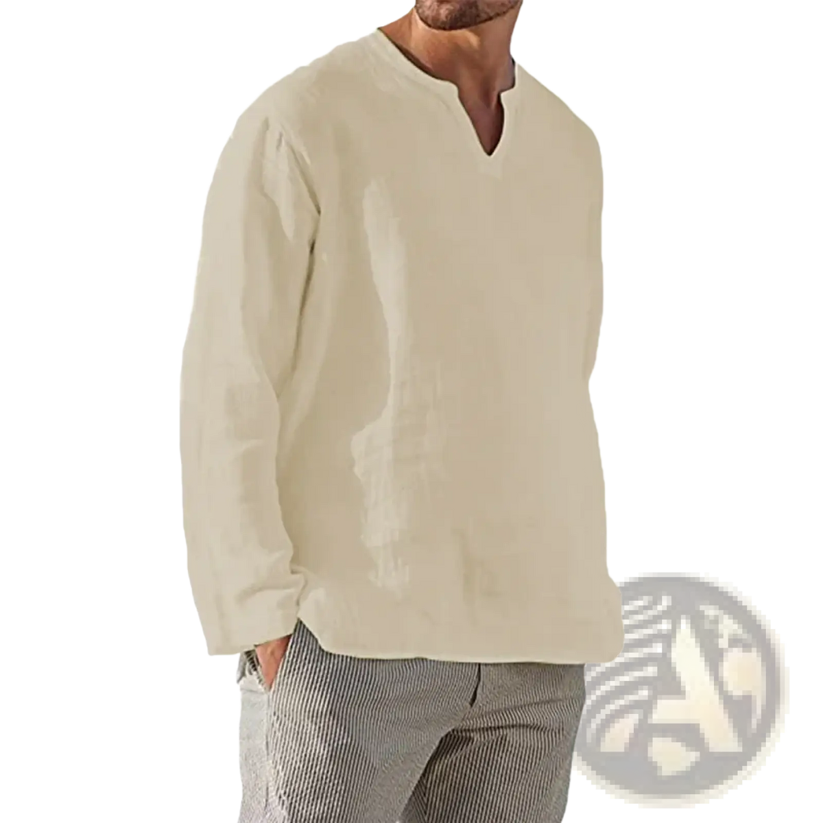 Beige men cotton linen v neck shirt with long sleeves featuring a breathable linen fabric and casual style