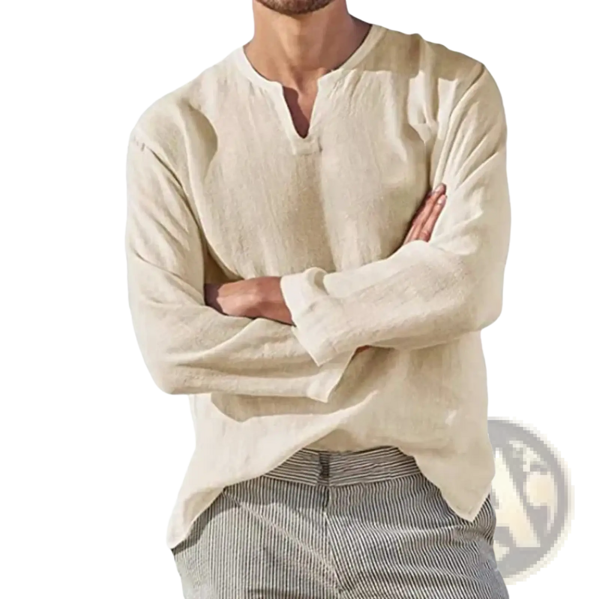 Beige men cotton linen v neck shirt with long sleeves made from breathable linen fabric for casual wear