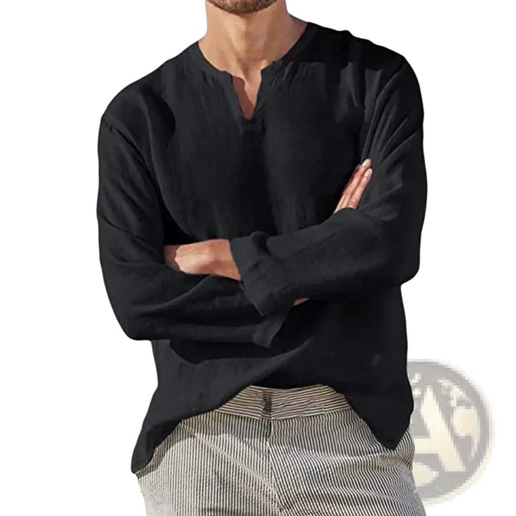 Black men cotton linen v neck shirt with long sleeves and relaxed fit ideal for casual wear