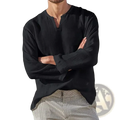 Black men cotton linen v neck shirt with long sleeves and relaxed fit ideal for casual wear