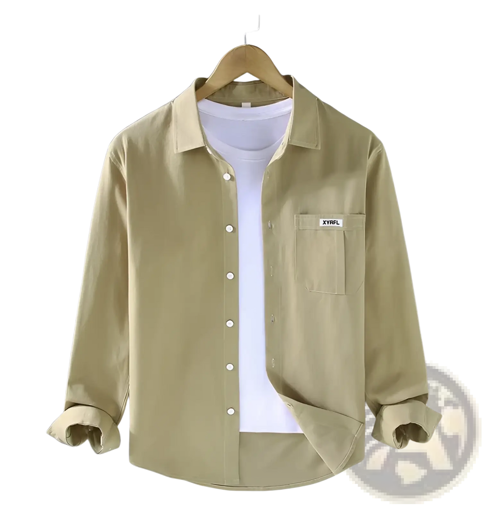 Beige men cotton long sleeve cargo shirt with chest pocket and small white label minimalist casual top