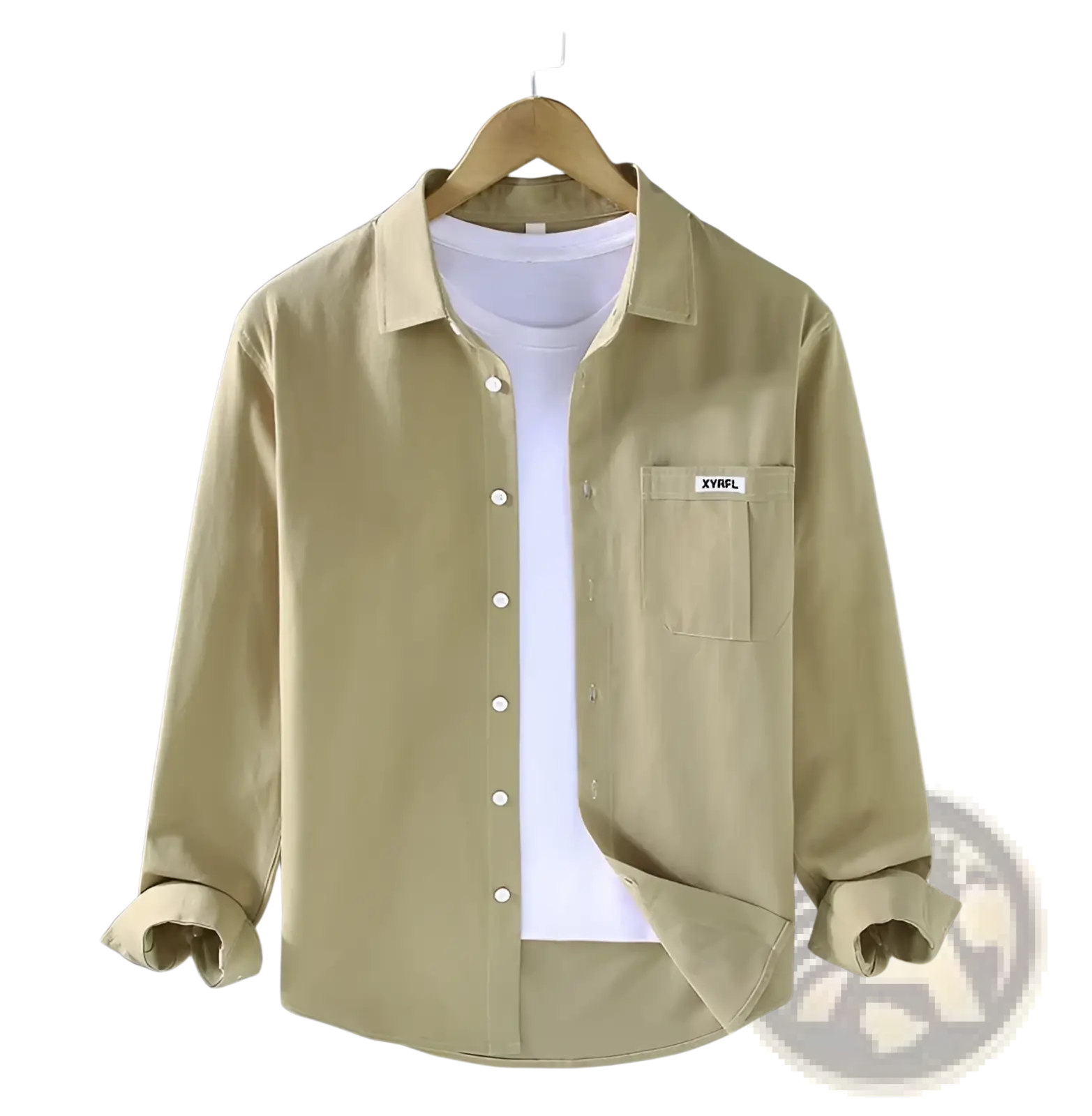 Beige men cotton long sleeve cargo shirt with chest pocket and small white label minimalist casual top