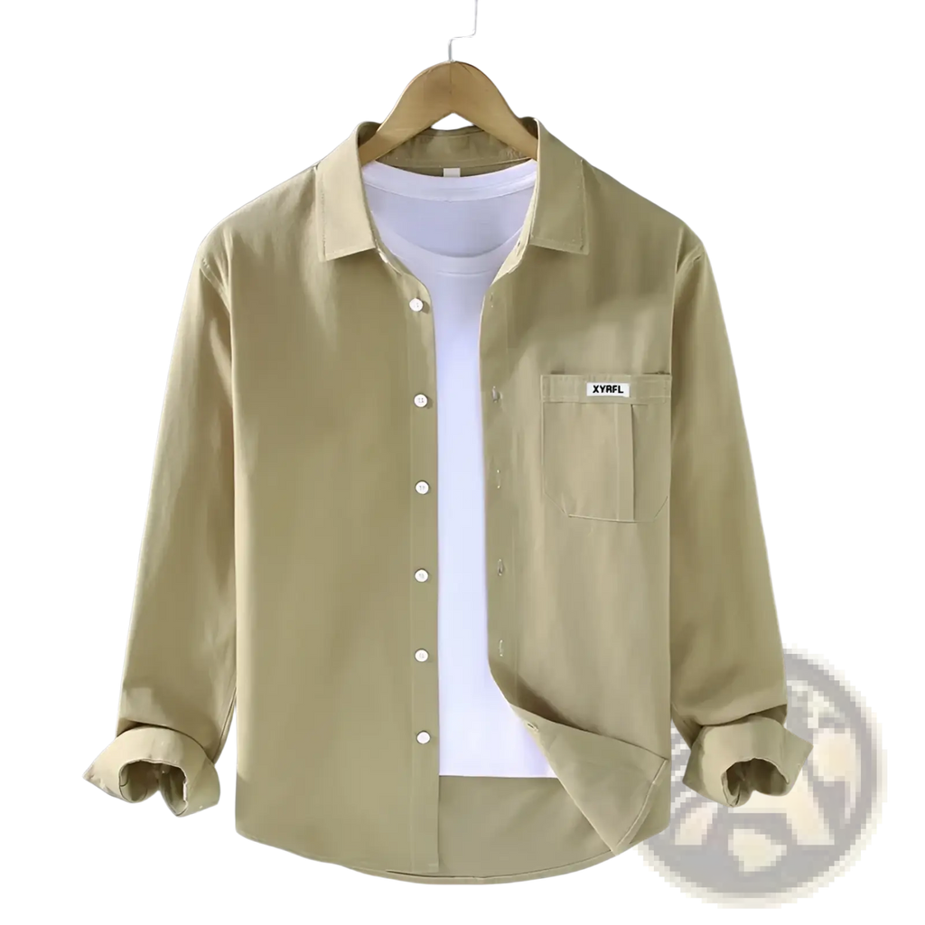Beige men cotton long sleeve cargo shirt with chest pocket and small white label minimalist casual top