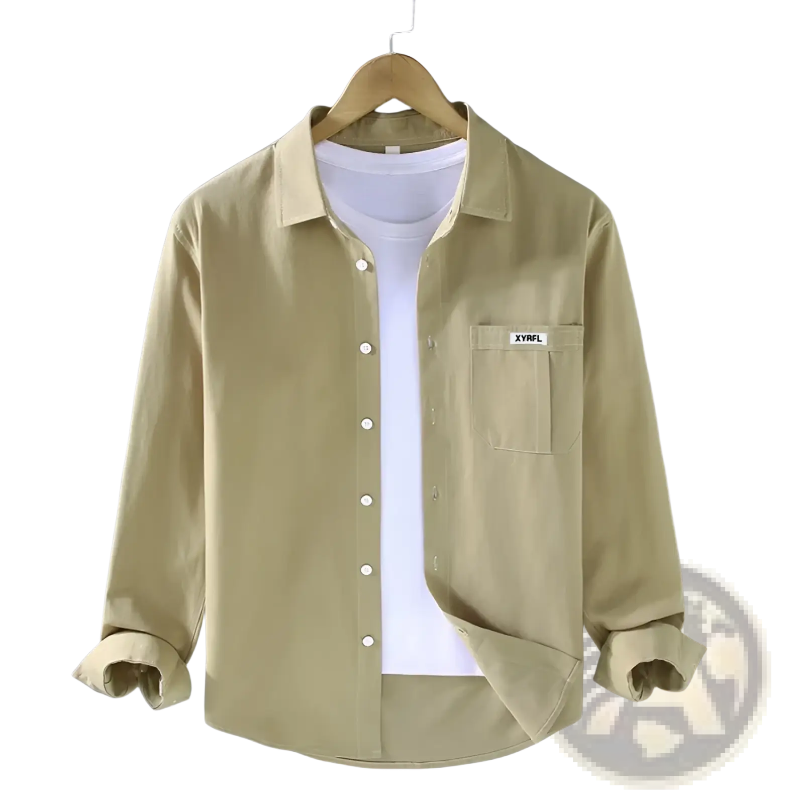 Beige men cotton long sleeve cargo shirt with chest pocket and small white label minimalist casual top