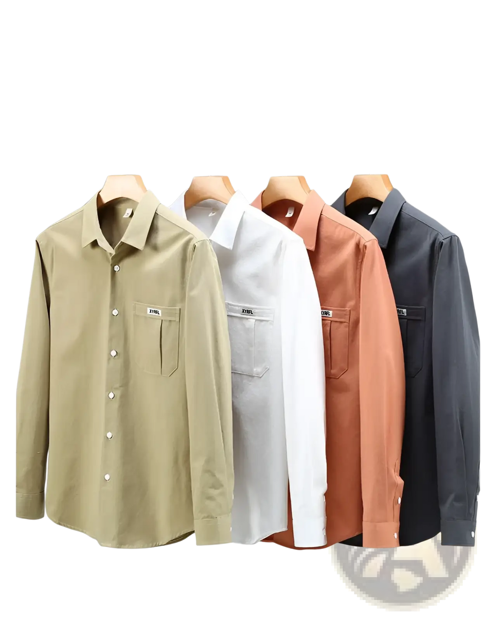 Men cotton long sleeve cargo shirts in beige white terracotta and dark gray with classic collar and chest pocket patch