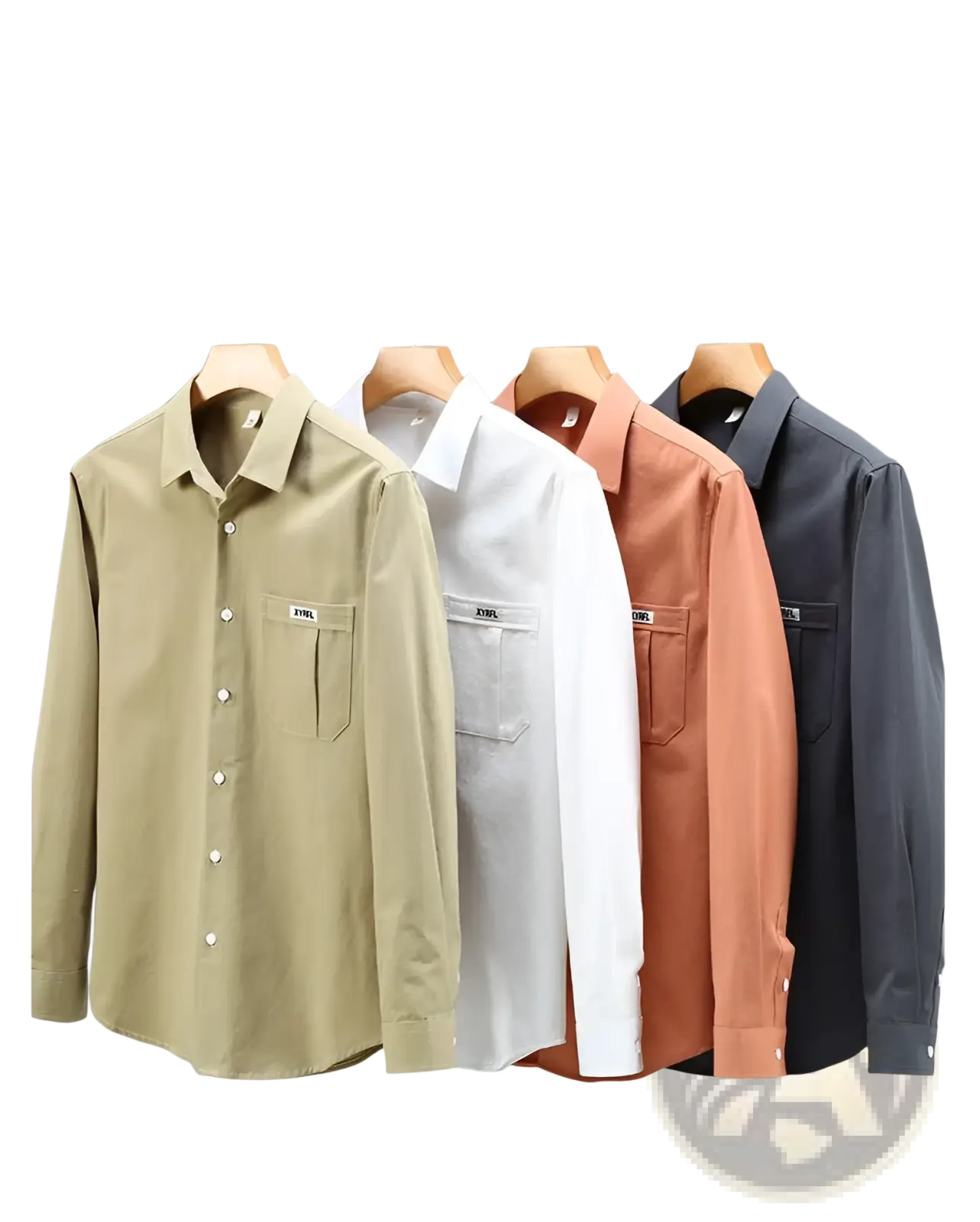 Men cotton long sleeve cargo shirts in beige white terracotta and dark gray with classic collar and chest pocket patch