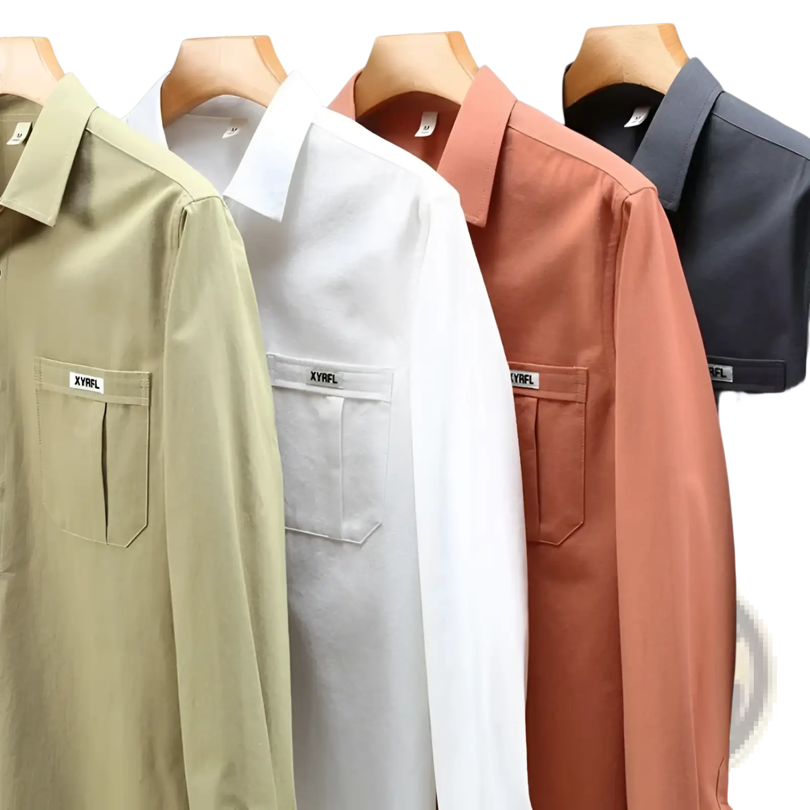Men cotton long sleeve cargo shirts in beige white terracotta and dark gray with chest pockets and xyrfl label minimalist casual tops