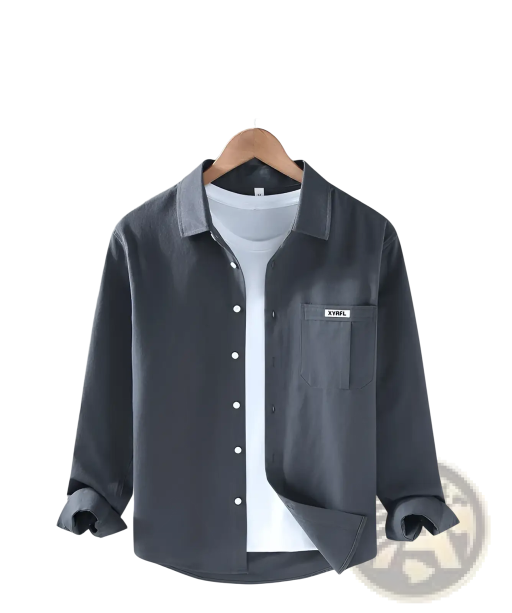 Men cotton long sleeve cargo shirt in dark gray with button-up front and chest pocket featuring white label