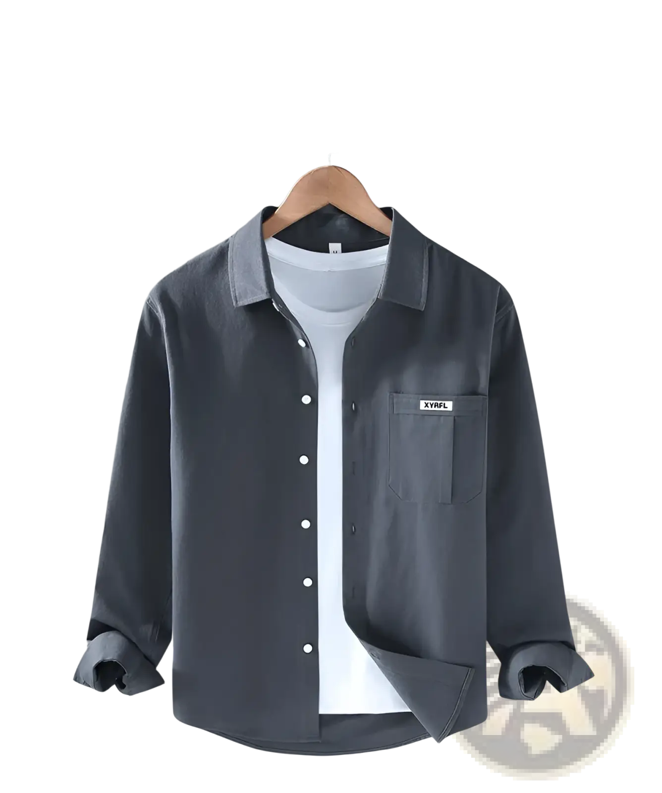 Men cotton long sleeve cargo shirt in dark gray with button-up front and chest pocket featuring white label