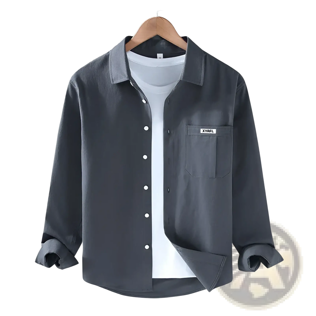 Dark gray men cotton long sleeve cargo shirt with chest pocket featuring a white xyrfl label minimalist casual top