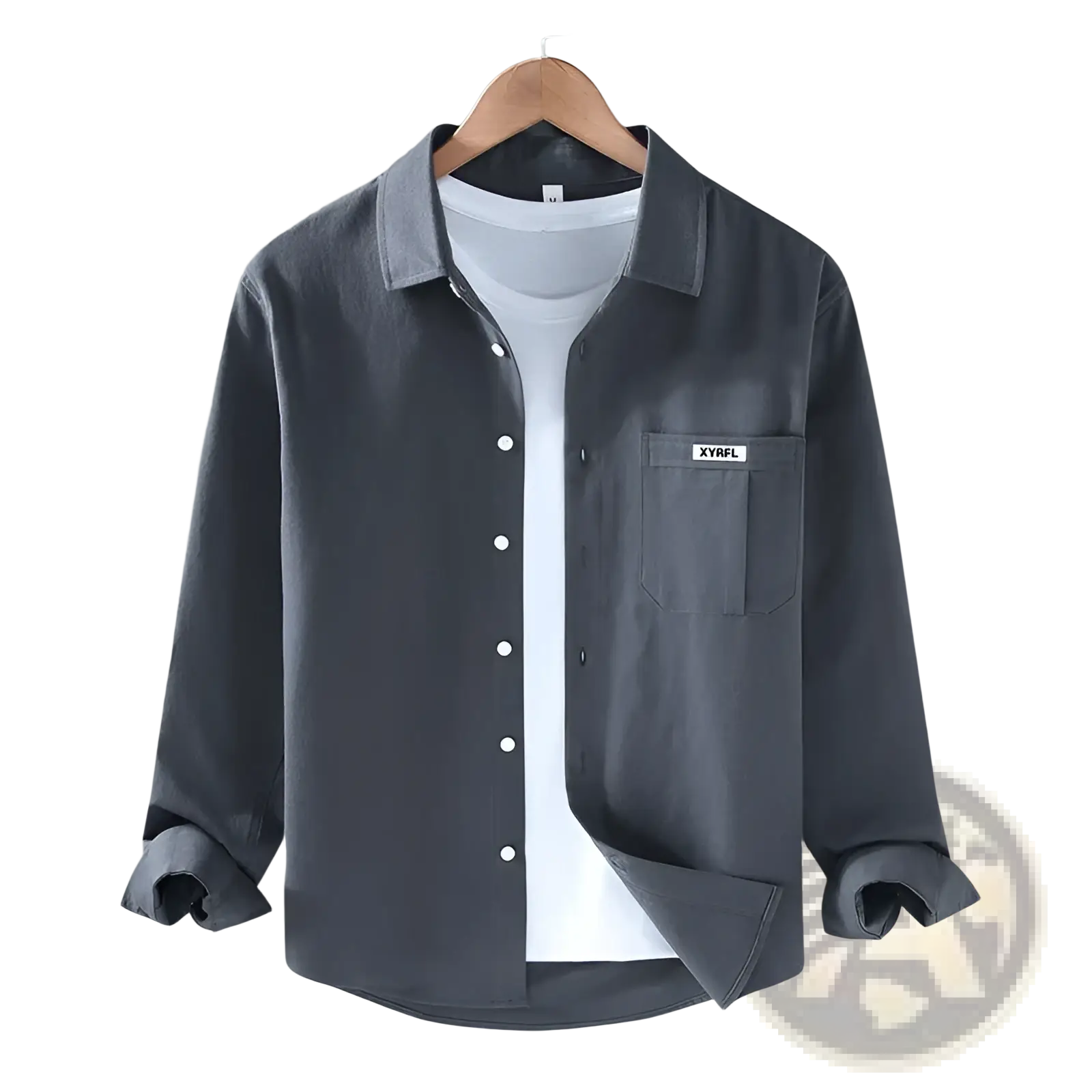 Dark gray men cotton long sleeve cargo shirt with chest pocket featuring a white xyrfl label minimalist casual top