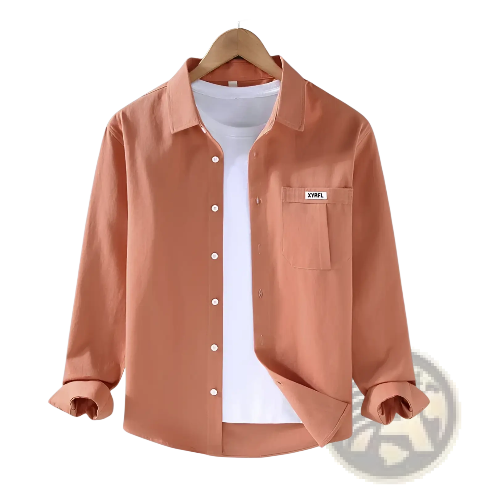 A peach-colored men cotton long sleeve cargo shirt with chest pocket and small white label minimal casual top