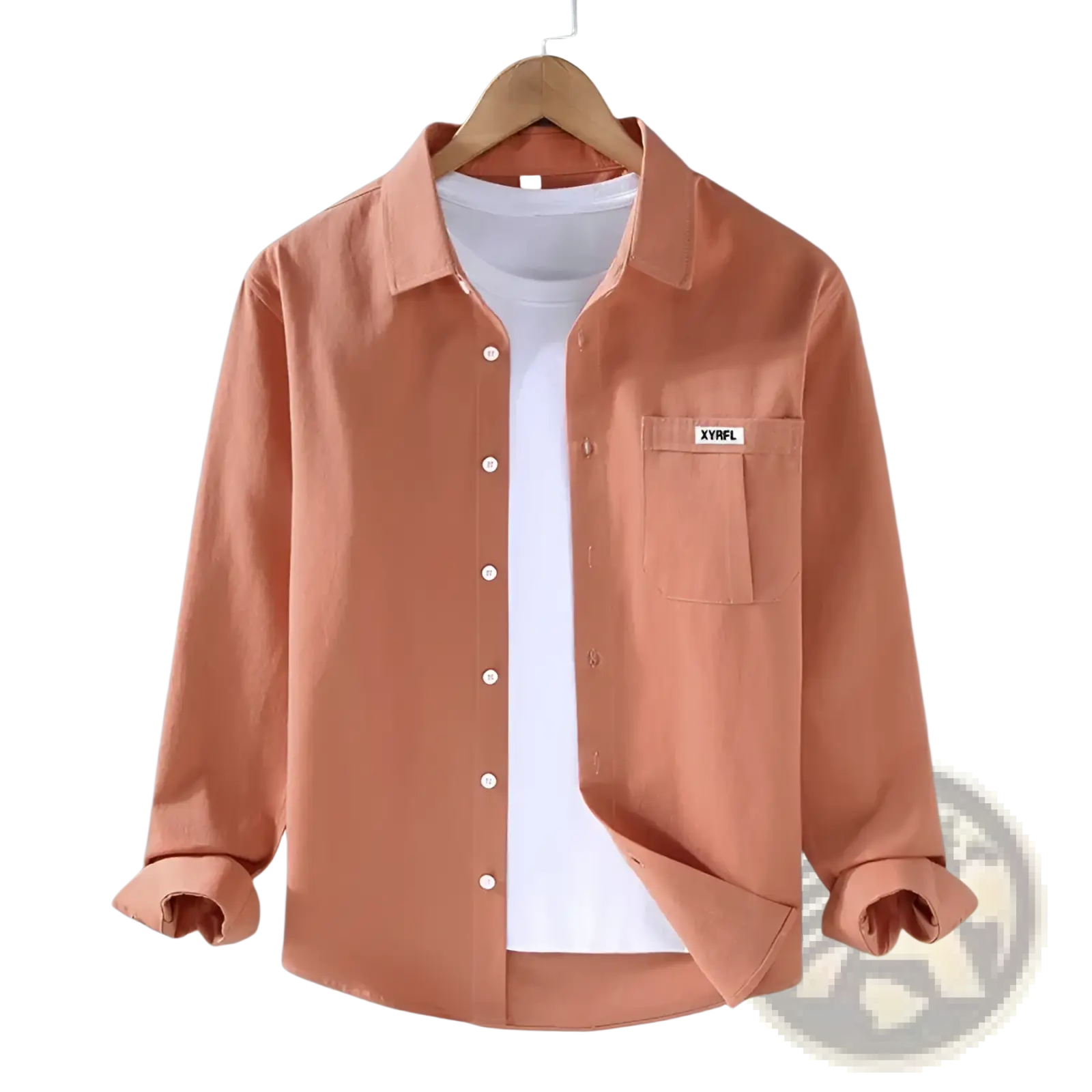 Men cotton long sleeve cargo shirt in peach color with button-up front and chest pocket featuring a small white label