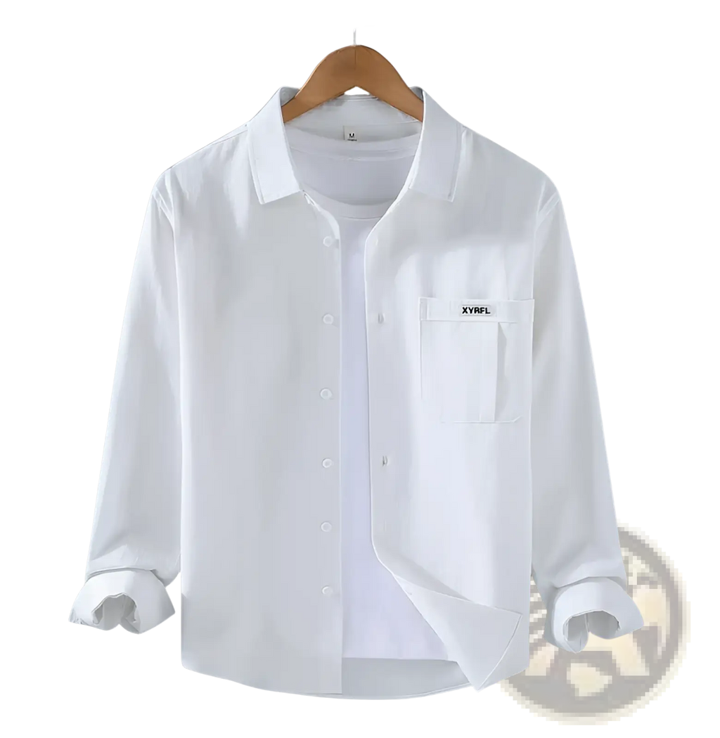 Men cotton long sleeve white button-up shirt with chest pocket featuring xyrfl logo minimalist casual top