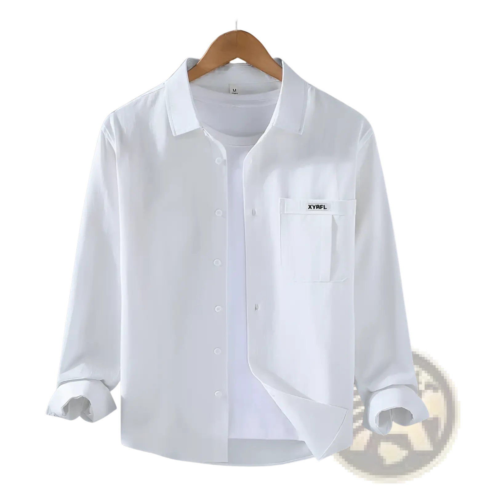 Men cotton long sleeve white button-up shirt with chest pocket featuring xyrfl logo minimalist casual top