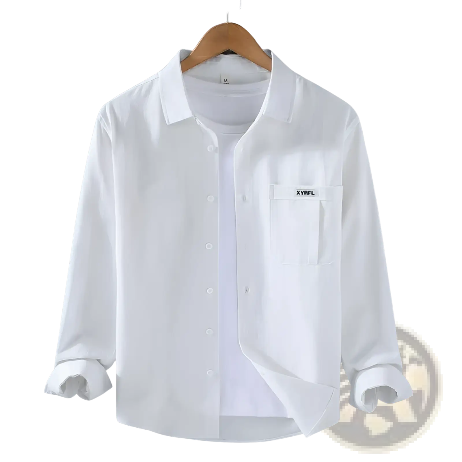 White cotton men long sleeve cargo shirt with chest pocket featuring xyrfl logo hanging on wooden hanger