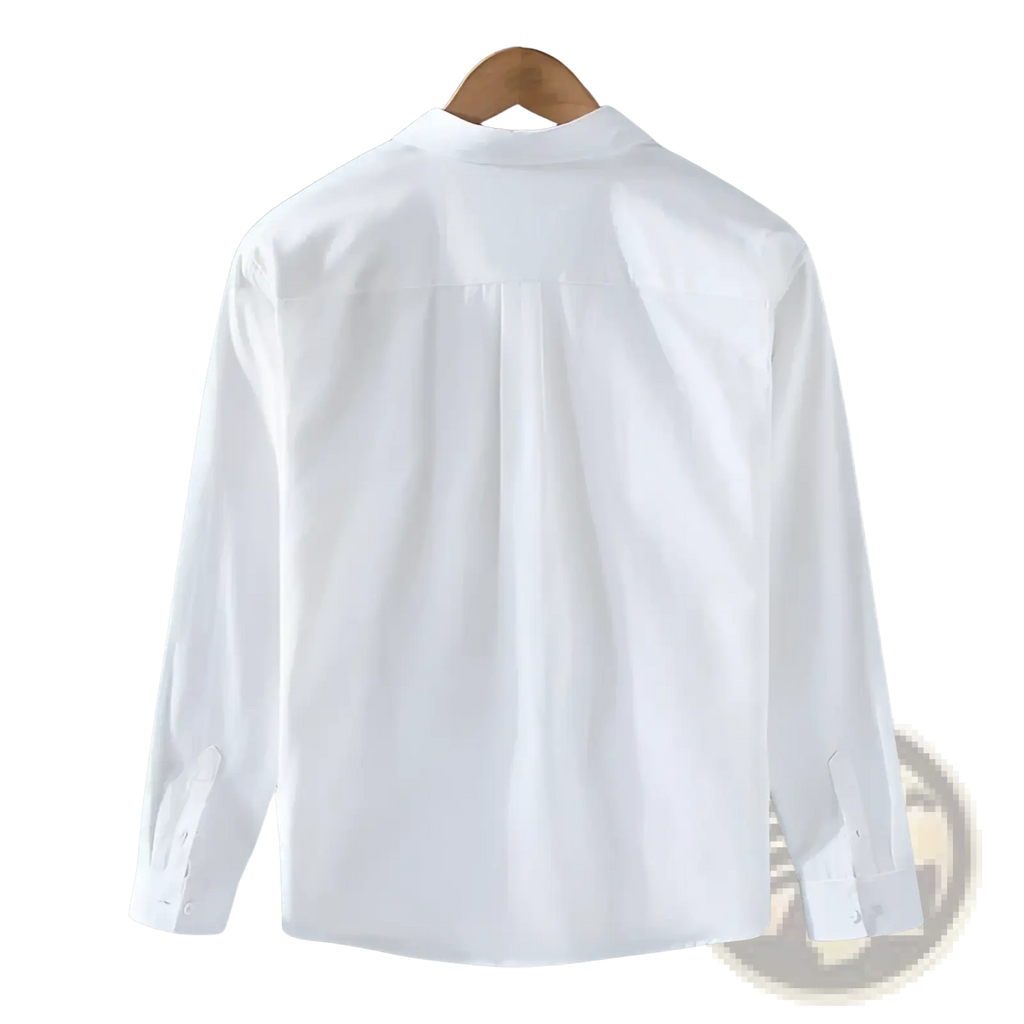 White men cotton long sleeve cargo shirt with classic collar and pleated back hanging on wooden hanger
