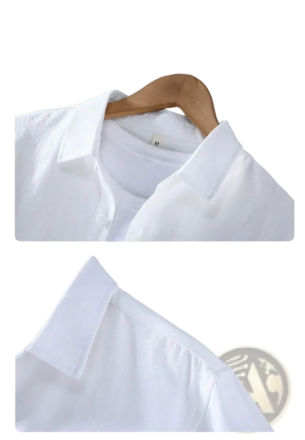 White cotton long sleeve cargo shirt with classic collar and neat stitching minimalist casual top for men