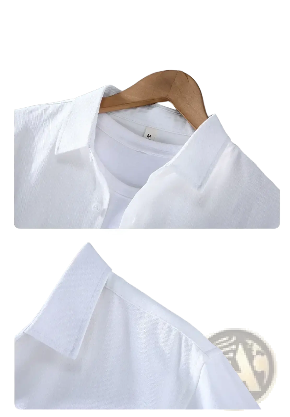 White cotton long sleeve cargo shirt with classic collar and neat stitching minimalist casual top for men