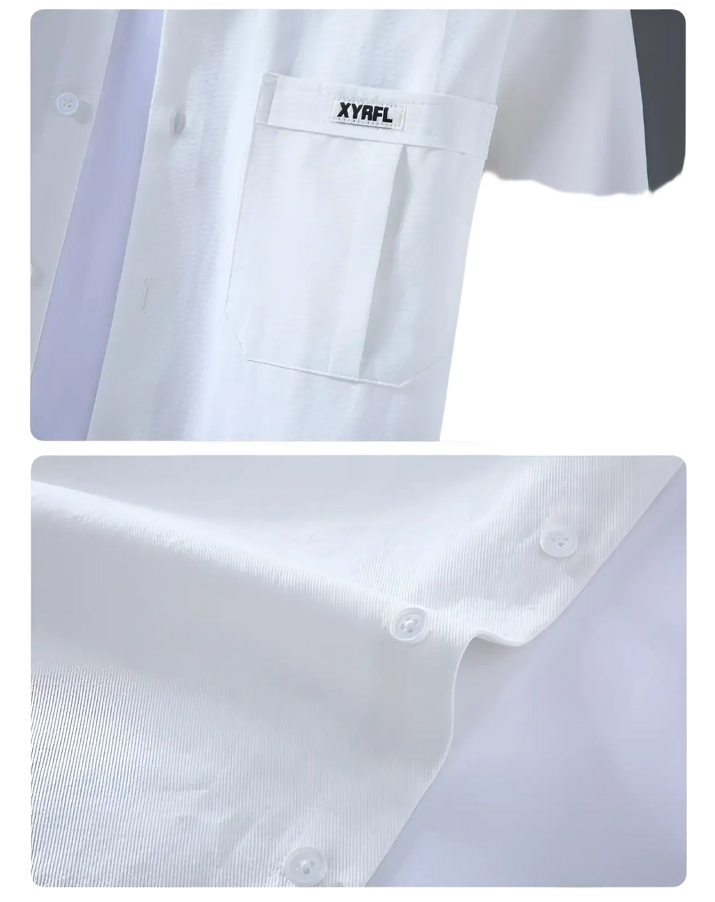 White cotton long sleeve cargo shirt with subtle textured weave and minimalist casual design for men