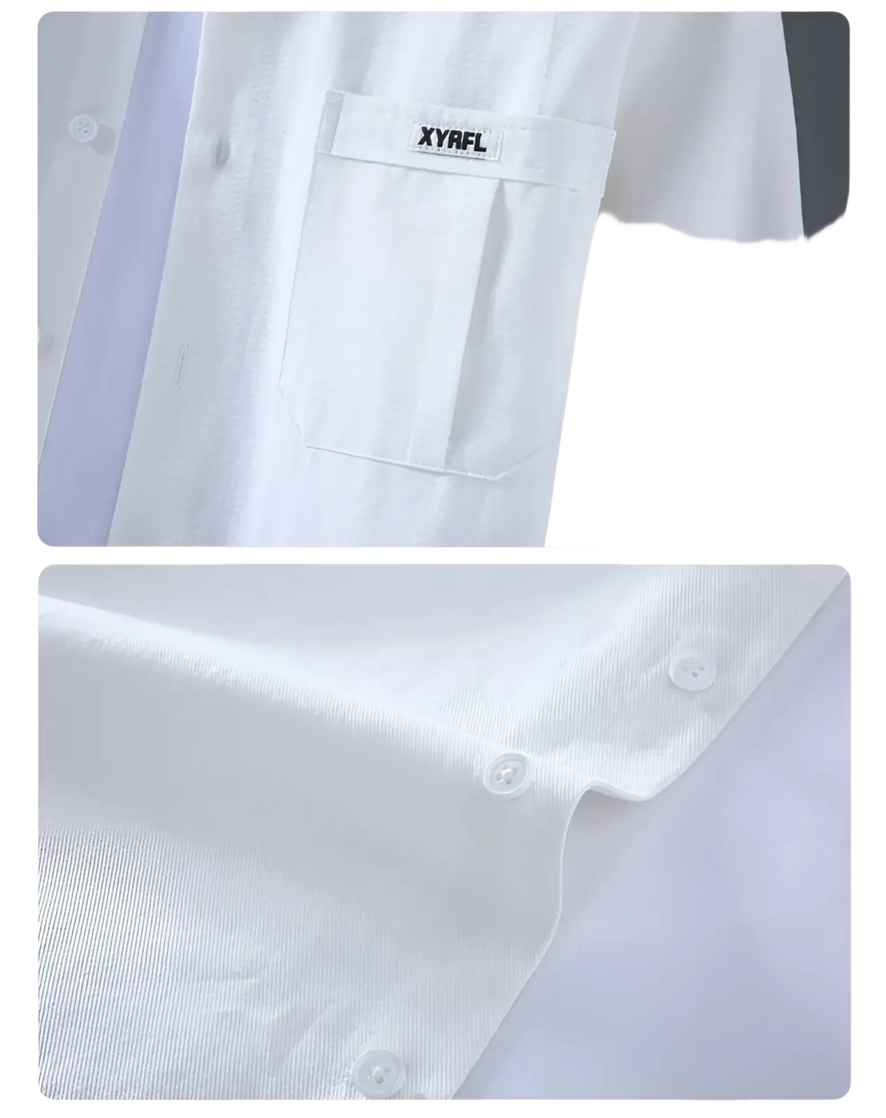 White cotton long sleeve cargo shirt with subtle textured weave and minimalist casual design for men