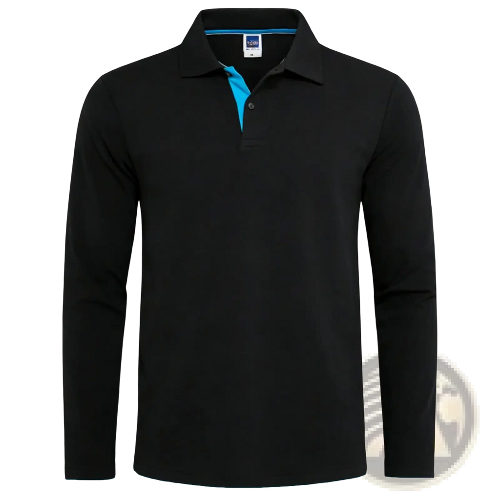 Men cotton long sleeve polo shirt in black with contrasting bright blue inner collar and placket detail