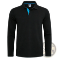 Men cotton long sleeve polo shirt in black with contrasting bright blue inner collar and placket detail