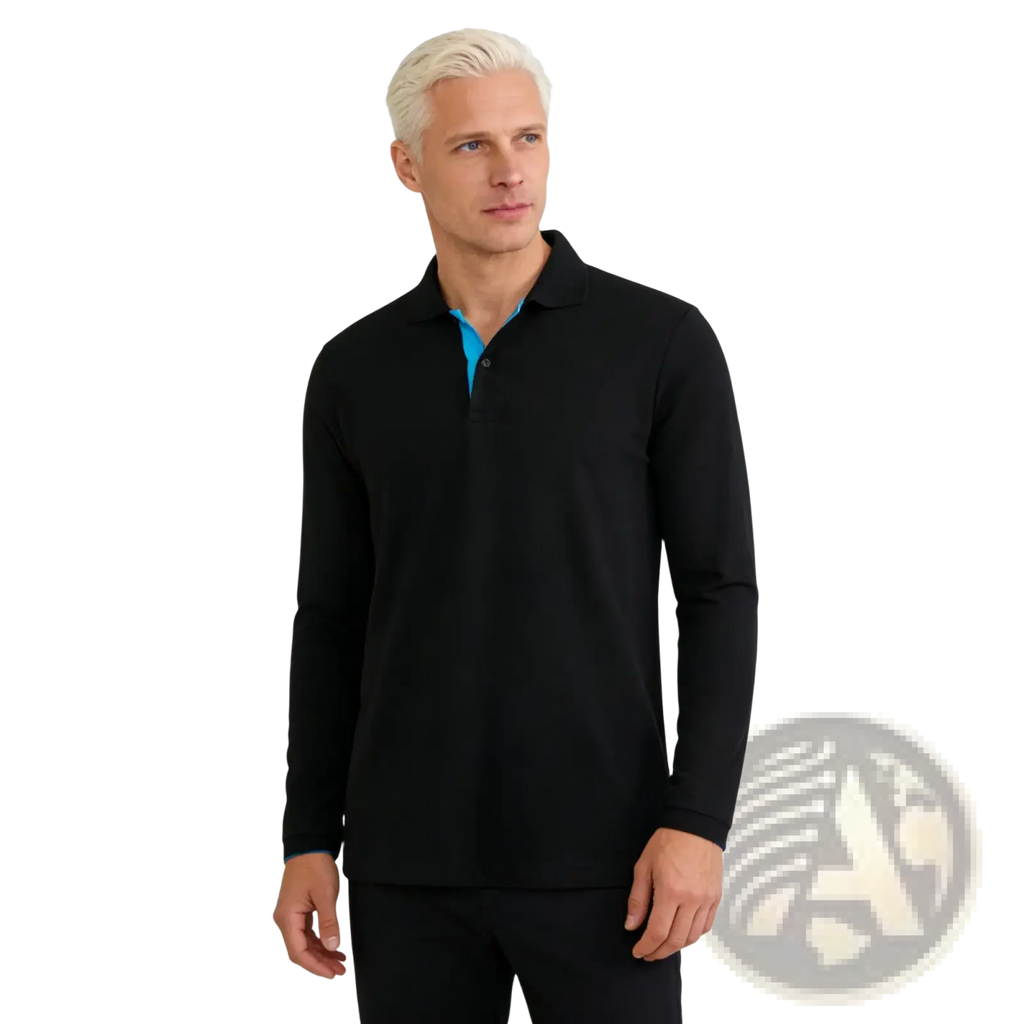 Men cotton long sleeve polo shirt in black with a contrasting turquoise inner collar for casual or formal wear
