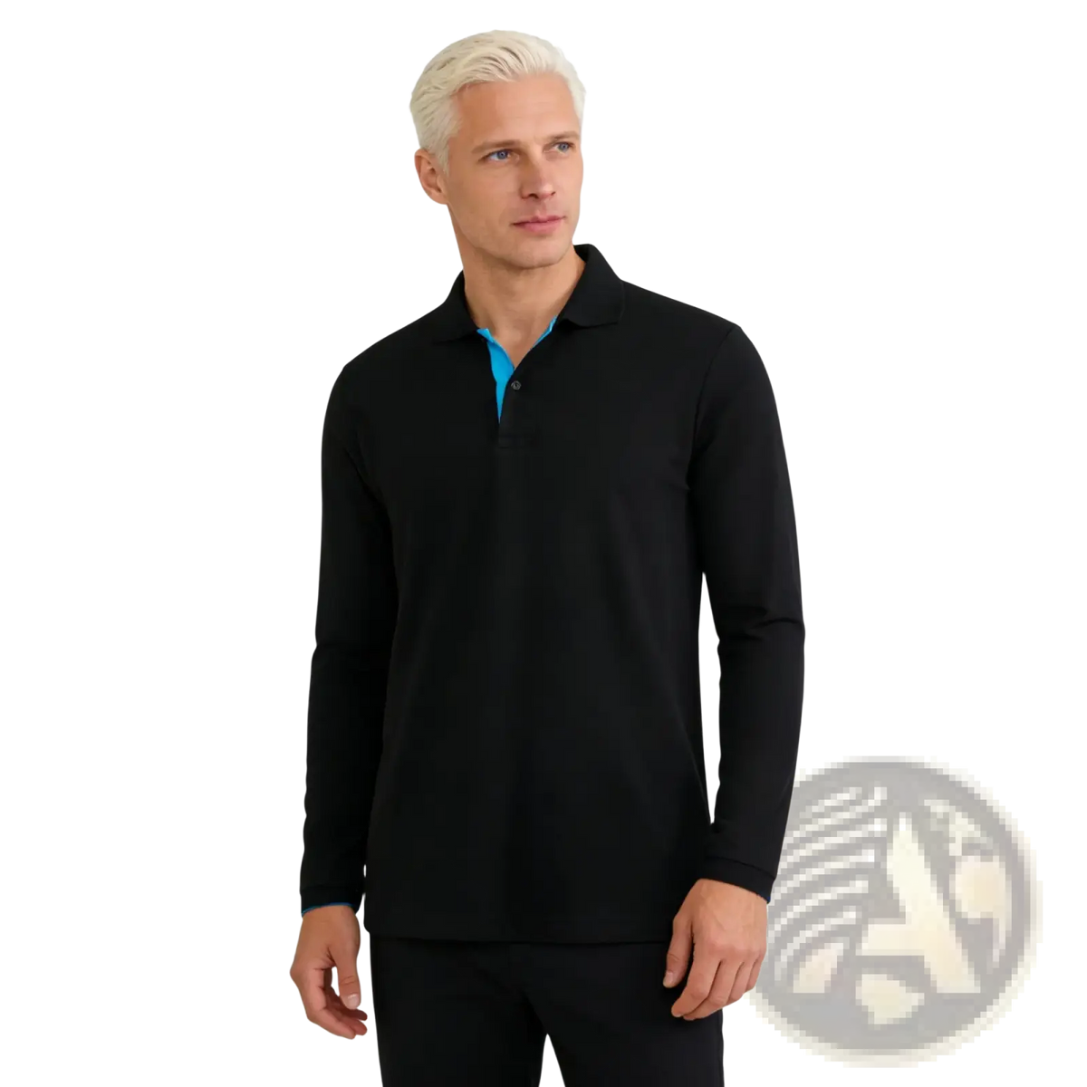 Men cotton long sleeve polo shirt in black with a contrasting turquoise inner collar for casual or formal wear