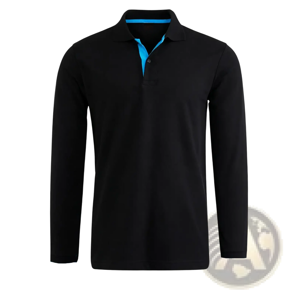 Men cotton long sleeve polo shirt in black with vibrant blue inner collar and placket for casual wear