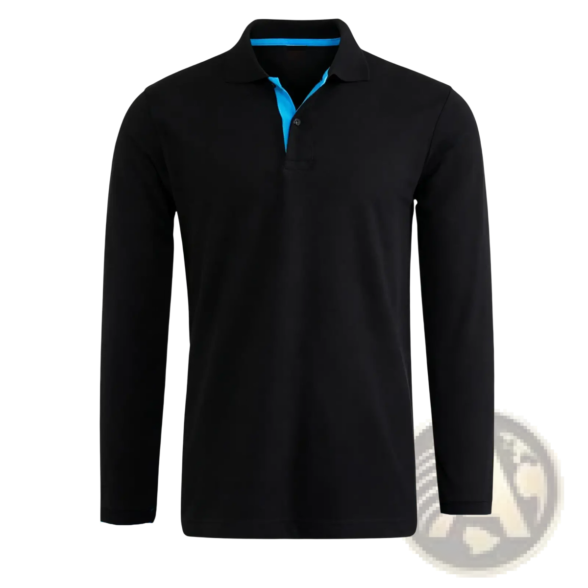 Men cotton long sleeve polo shirt in black with vibrant blue inner collar and placket for casual wear