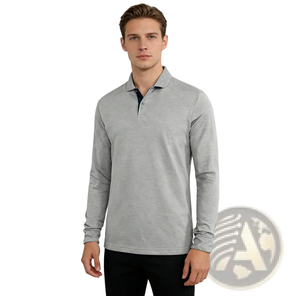 Men cotton long sleeve polo shirt in gray with a subtle textured weave and navy inner collar for casual wear