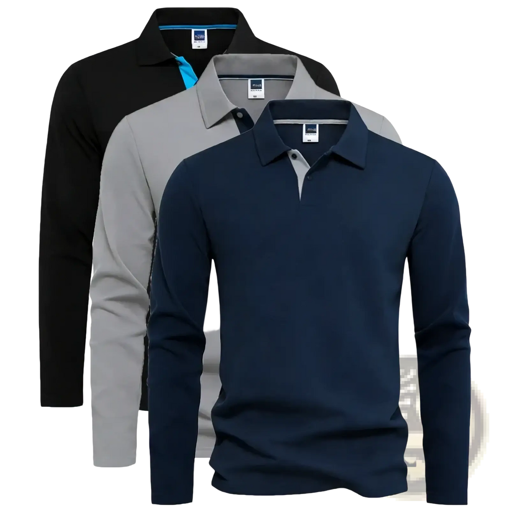 Men cotton long sleeve polo shirt in navy blue with contrasting gray inner collar and black button placket