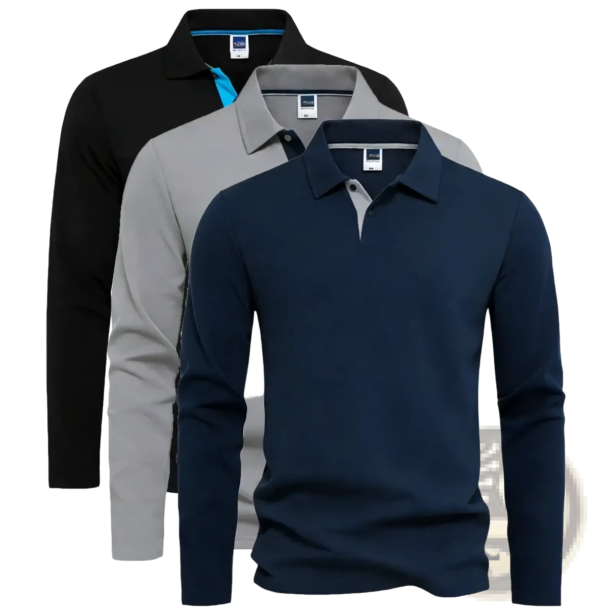 Men cotton long sleeve polo shirt in navy blue with contrasting gray inner collar and black button placket