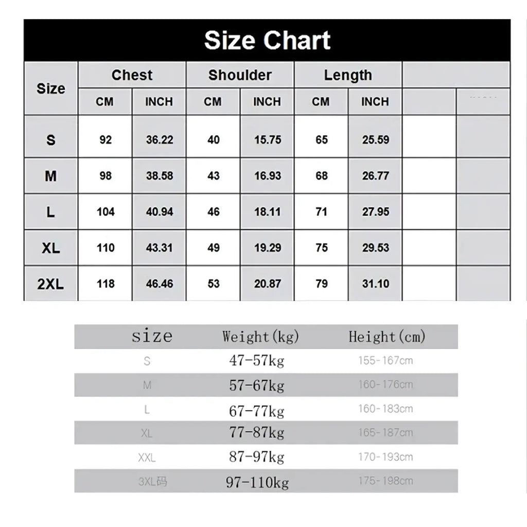 Size chart for men cotton long sleeve polo shirt showing measurements in centimeters and inches from s to 2xl