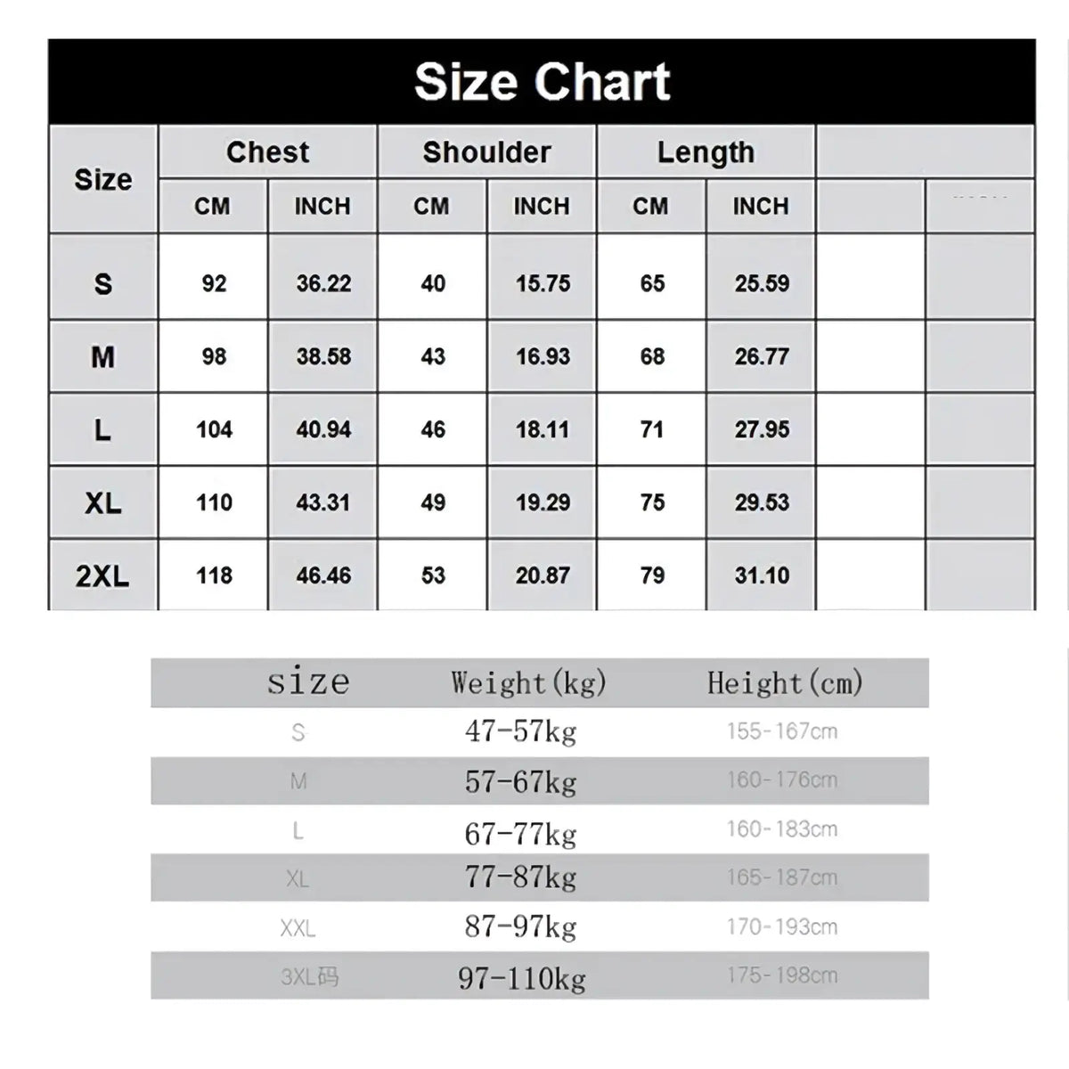 Size chart for men cotton long sleeve polo shirt showing measurements in centimeters and inches from s to 2xl