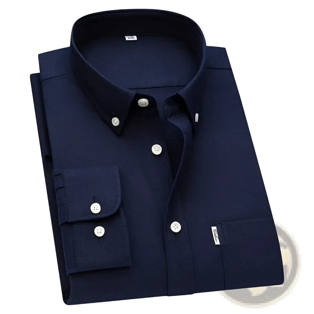 Navy blue men cotton oxford long sleeve casual shirt with white buttons and subtle textured weave