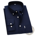 Navy blue men cotton oxford long sleeve casual shirt with white buttons and subtle textured weave