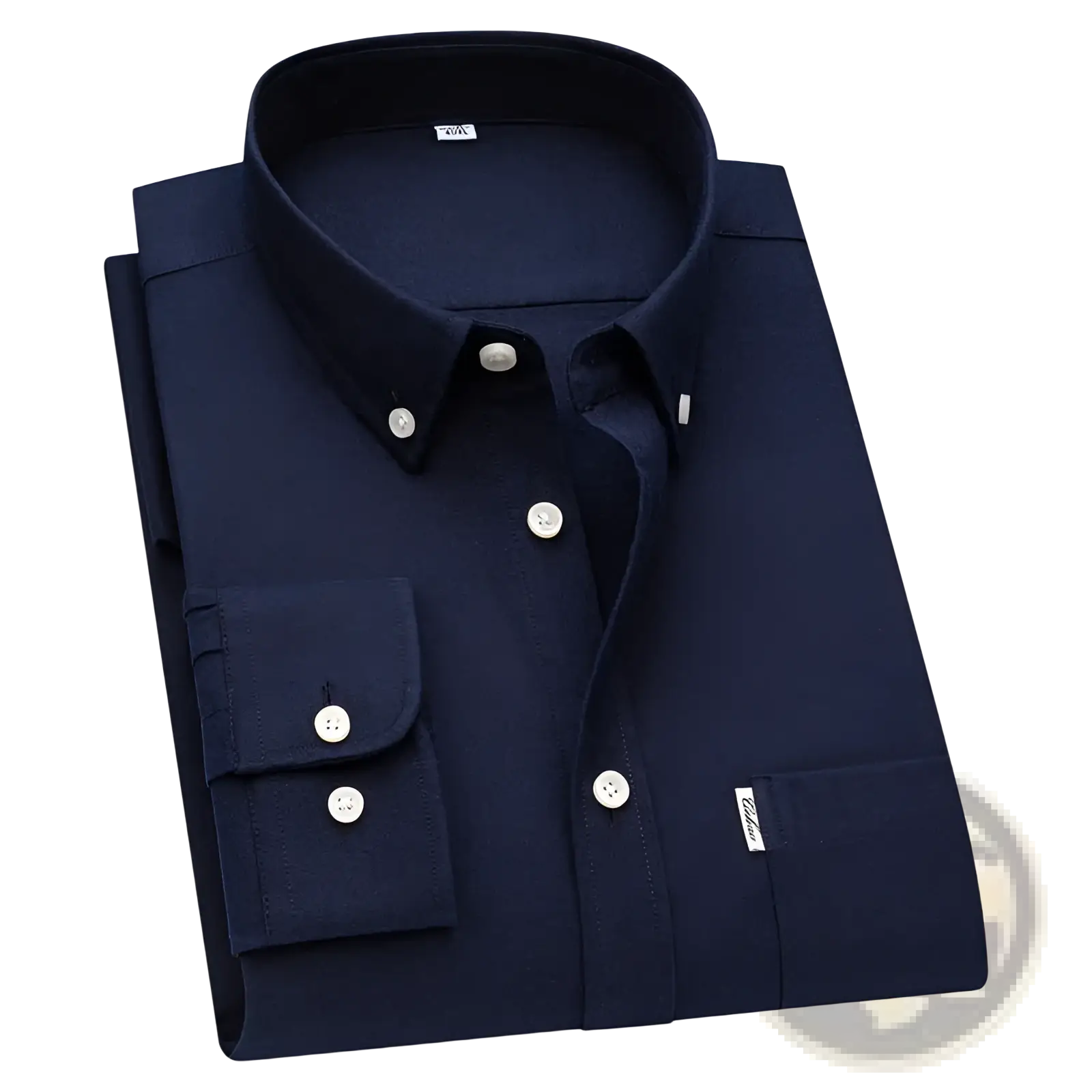 Navy blue men cotton oxford long sleeve casual shirt with white buttons and subtle textured weave