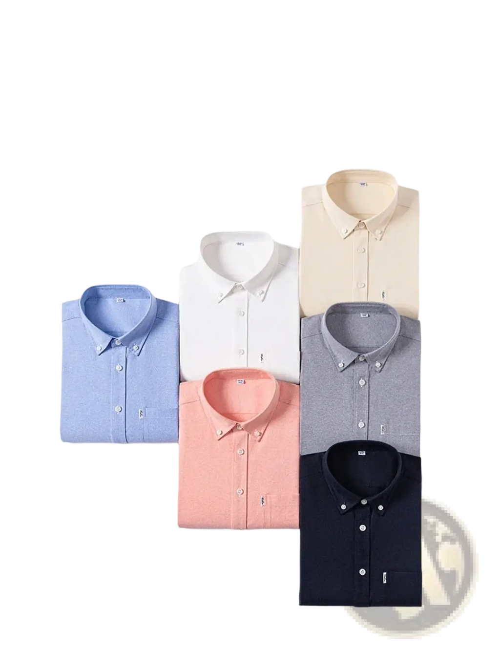 A collection of men cotton oxford long sleeve casual shirts neatly folded in ten basic solid colors including light blue and navy