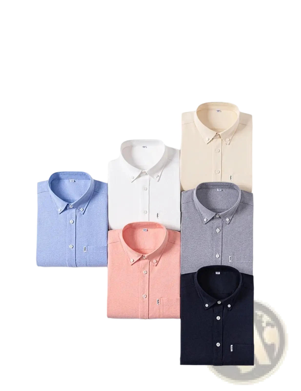 A collection of men cotton oxford long sleeve casual shirts neatly folded in ten basic solid colors including light blue and navy