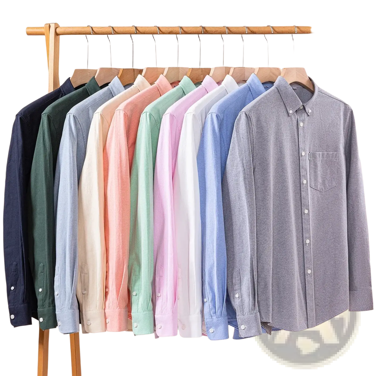Men cotton oxford long sleeve casual shirts in soft pastel and neutral tones neatly hung on wooden hangers