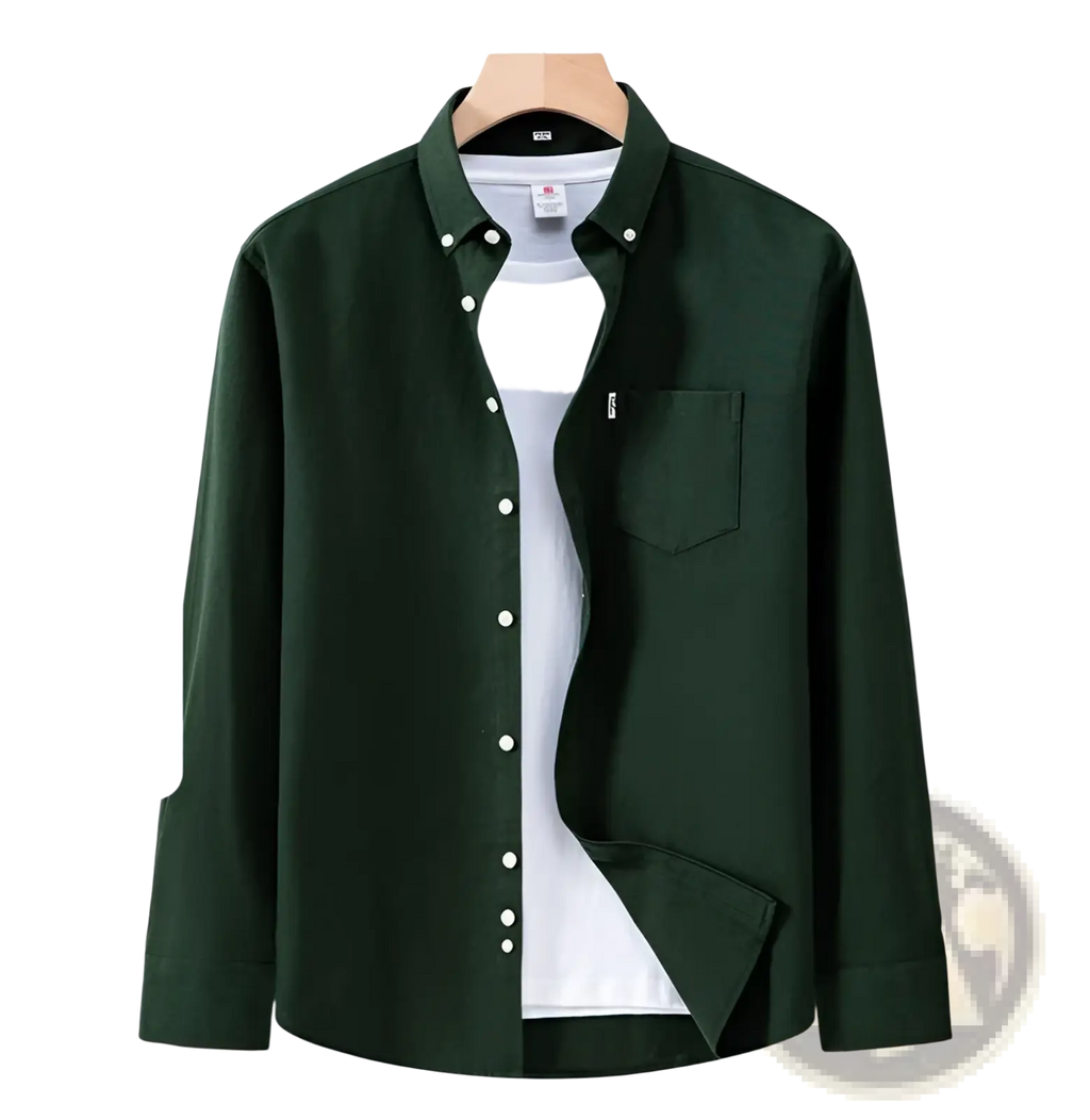 Men cotton oxford long sleeve casual shirt in dark green with white buttons and a chest pocket