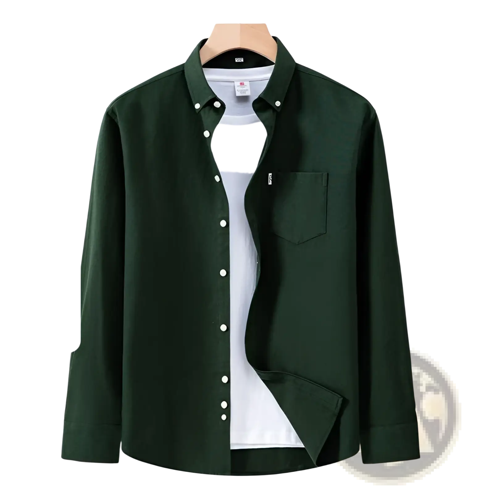 Men cotton oxford long sleeve casual shirt in dark green with white buttons and a chest pocket